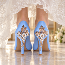 Load image into Gallery viewer, Light-Blue Satin Cherry-Blossom Bridal Heels – 9 cm
