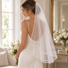 Load image into Gallery viewer, Luxury Pearl &amp; Crystal Beaded Edge Bridal Veil – White or Ivory, 100–300 cm
