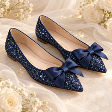 Load image into Gallery viewer, Navy Rock-Glitter Bridal Flats with Oversized Satin Bow | Pointed-Toe Wedding Shoes | Other Colours Available
