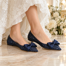 Load image into Gallery viewer, Navy Rock-Glitter Bridal Flats with Oversized Satin Bow | Pointed-Toe Wedding Shoes | Other Colours Available

