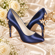 Load image into Gallery viewer, Navy Satin Round-Toe Cherry-Blossom Wedding Heels
