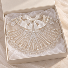 Load image into Gallery viewer, Pearl Embellished Bridal Cape with Satin Ribbon Bow | Sheer Wedding Dress Cover Up
