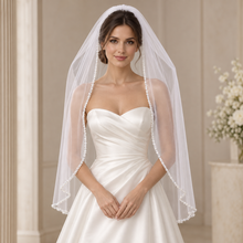 Load image into Gallery viewer, Luxury Pearl &amp; Crystal Beaded Edge Bridal Veil – White or Ivory, 100–300 cm
