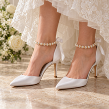Load image into Gallery viewer, Satin Pointed Toe Bridal Heels | Pearl or Ribbon Ankle Tie | 8cm

