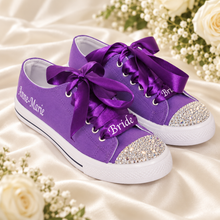 Load image into Gallery viewer, Personalised Bridal Trainers with Crystal Toes and Satin Ribbon Laces
