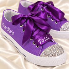 Load image into Gallery viewer, Personalised Bridal Trainers with Crystal Toes and Satin Ribbon Laces
