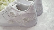 Load and play video in Gallery viewer, Personalised Embroidered Genuine AF1 Trainers for Bride, Customised Bridal Sneakers, Alternative Wedding Shoes

