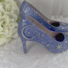 Load and play video in Gallery viewer, Light Blue Celestial Wedding Shoes – Glitter Moon &amp; Star Heels
