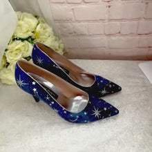 Load and play video in Gallery viewer, Blue Celestial Wedding Shoes – Hand-Painted Galaxy Bridal Heels
