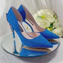 Load and play video in Gallery viewer, Blue Bridal Heels with Gold Floral Heel Embellishments UK5/US7.5
