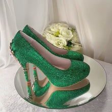 Load and play video in Gallery viewer, Emerald Green Shimmer Wedding Shoes with &#39;Cherry Blossom&#39;
