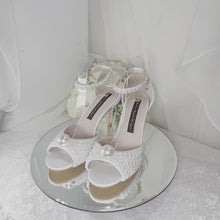 Load and play video in Gallery viewer, Pearl Bridal Sandals, Mid-Heel Ivory Wedding Shoes •UK9/US11
