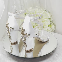 Load and play video in Gallery viewer, Navy Satin Bridal Sandals: Cherry Blossom Block Heel Wedding Shoes
