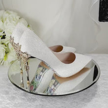 Load and play video in Gallery viewer, Ivory Wedding Shoes - Handmade Bridal Shoes with Filigree Vine Heels, 9cm Heel  (UK5/US7.5)
