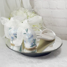 Load and play video in Gallery viewer, Ivory Satin Bridal Sandals with Floral Embroidery
