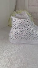 Load and play video in Gallery viewer, Personalised Crystal Bridal Converse Hi-Tops | White Wedding Trainers
