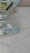 Load and play video in Gallery viewer, Embroidered Pastel Blue Bridal Shoes: 3D Flower Ankle Strap Heels UK5/US7.5
