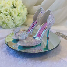 Load and play video in Gallery viewer, Lilac Crystal Bridal Shoes with Flower Detail | Custom Colour Peep Toe Heels
