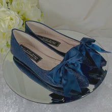 Load and play video in Gallery viewer, Navy Blue Bridal Flats – Handmade Comfortable Satin Flats with Oversized Satin Bow UK9/US11
