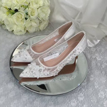 Load and play video in Gallery viewer, Low Heel Lace Bridal Pumps with Floral Beading - UK7 - Ready to Dispatch
