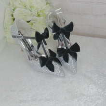 Load and play video in Gallery viewer, Luxury Silver Crystal Sandals with Black Velvet Bows
