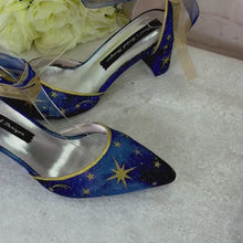 Load and play video in Gallery viewer, Blue Satin Celestial Wedding Shoes: Hand-Painted Galaxy Bridal Block Heels
