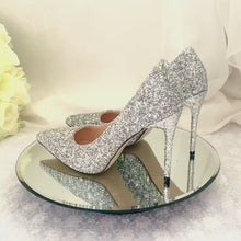 Load and play video in Gallery viewer, Handmade Silver Glitter Heels: Satin Stiletto Bridal Shoes (UK6 / US8.5)
