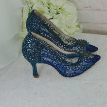 Load and play video in Gallery viewer, Navy Blue Satin Heels – Pointed Toe Stilettos with Lace and Crystal Embellishments UK4 / US6.5
