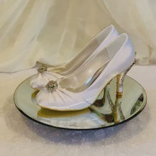 Load and play video in Gallery viewer, Custom Bridal Shoes, Low Heel Satin Shoe, Beauty and the Beast Wedding, Whiter Ivory Heels
