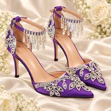 Load image into Gallery viewer, Purple Crystal Wedding Shoes | Pointed Satin Bridal Heels | Crystal-Drop Ankle Strap
