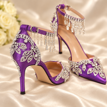 Load image into Gallery viewer, Purple Crystal Wedding Shoes | Pointed Satin Bridal Heels | Crystal-Drop Ankle Strap
