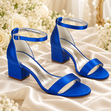 Load image into Gallery viewer, Satin Block Heel Bridal Sandals with Ankle Strap | 5.5cm Wedding Shoes
