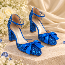 Load image into Gallery viewer, Blue Glitter Block Heel Wedding Sandals | Bridal Shoes
