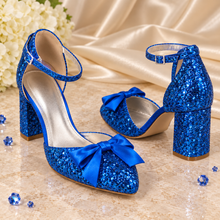 Load image into Gallery viewer, Blue Glitter Block Heel Wedding Sandals | Bridal Shoes
