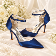 Load image into Gallery viewer, Satin Pointed Toe Wedding Heels with Ankle Strap | Custom Colours | 8.5cm
