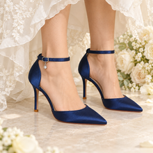 Load image into Gallery viewer, Satin Pointed Toe Wedding Heels with Ankle Strap | Custom Colours | 8.5cm
