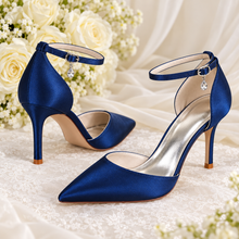 Load image into Gallery viewer, Satin Pointed Toe Wedding Heels with Ankle Strap | Custom Colours | 8.5cm
