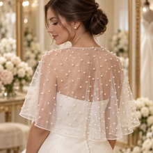 Load image into Gallery viewer, Short Pearl Tulle Bridal Cape | Sheer White Wedding Dress Shoulder Cover Up
