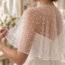 Load image into Gallery viewer, Short Pearl Tulle Bridal Cape | Sheer White Wedding Dress Shoulder Cover Up
