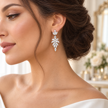 Load image into Gallery viewer, Silver Cubic Zirconia Leaf Bridal Earrings – Crystal Drop Earrings
