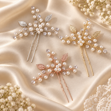 Load image into Gallery viewer, Simple Pearl Bridal Hair Pin | Crystal Wedding Hair Pin | Gold, Silver or Rose Gold
