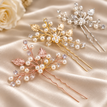 Load image into Gallery viewer, Simple Pearl Bridal Hair Pin | Crystal Wedding Hair Pin | Gold, Silver or Rose Gold

