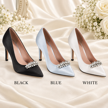Load image into Gallery viewer, Something Blue Satin Wedding Shoes – Crystal Pointed-Toe Bridal Heels
