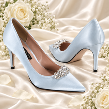 Load image into Gallery viewer, Something Blue Satin Wedding Shoes – Crystal Pointed-Toe Bridal Heels
