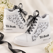 Load image into Gallery viewer, ’Til Death Gothic Bridal Wedge Trainers – White Lace Hi-Tops
