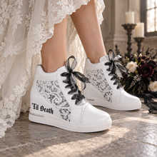 Load image into Gallery viewer, ’Til Death Gothic Bridal Wedge Trainers – White Lace Hi-Tops
