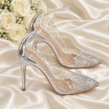 Load image into Gallery viewer, Transparent Diamanté Wedding Shoes | Clear Cinderella Crystal Heels | Pointed-Toe Bridal Court Shoes
