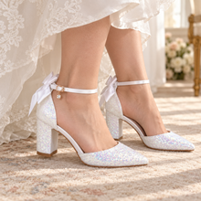 Load image into Gallery viewer, Unicorn Glitter Block-Heel Bridal Shoes with Oversized Back Bow
