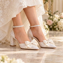 Load image into Gallery viewer, Unicorn Glitter Bridal Shoes with Oversized Satin Bow | Closed-Toe Block Heels | 4cm, 7cm or 10cm
