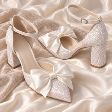 Load image into Gallery viewer, Unicorn Glitter Bridal Shoes with Oversized Satin Bow | Closed-Toe Block Heels | 4cm, 7cm or 10cm
